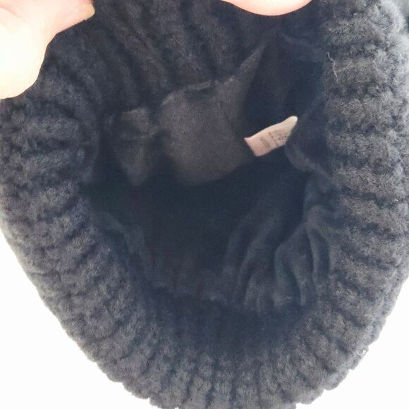 Women's Black Cable Knit Double Pom Pom Beanie Winter Hat Fleece Lined Cat Ears - Picture 4 of 7